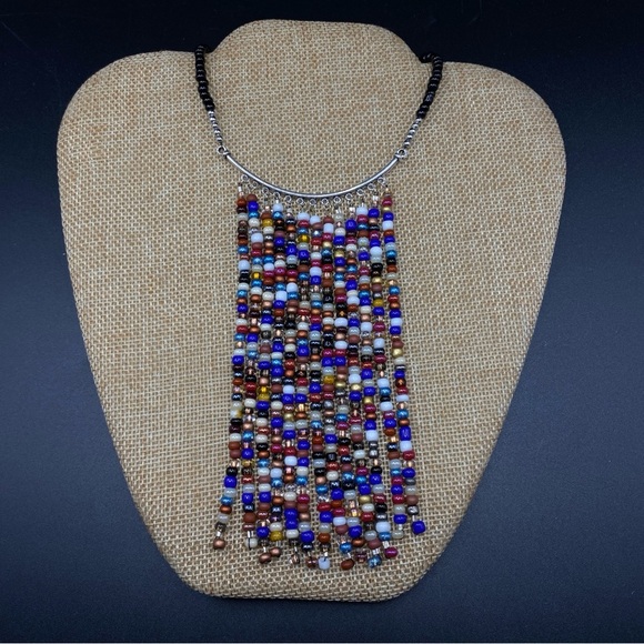 Black Beads With Multi-Colored Seed Beads Fringe Necklace Boho Festival - Picture 5 of 6